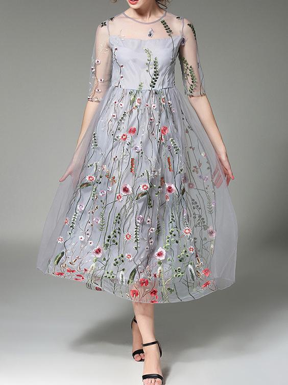 Shein Grey Sheer Gauze Embroidered Long Dress