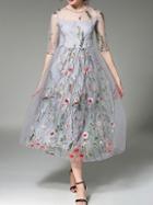 Shein Grey Sheer Gauze Embroidered Long Dress