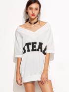 Shein White Letters Print V Neck T-shirt
