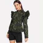 Shein Zip Up Ruffle Armhole Camo Peplum Coat