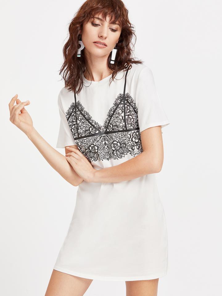 Shein White Lace Bralet Print Tee Dress