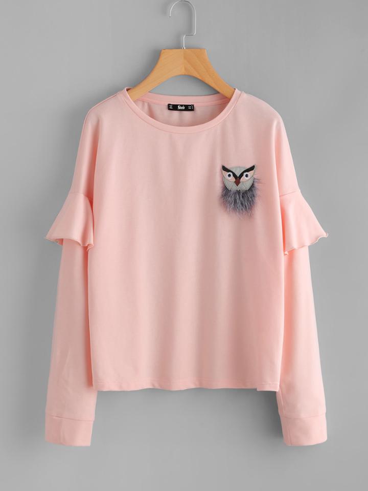Shein Owl Patch Ruffle Sleeve Pullover