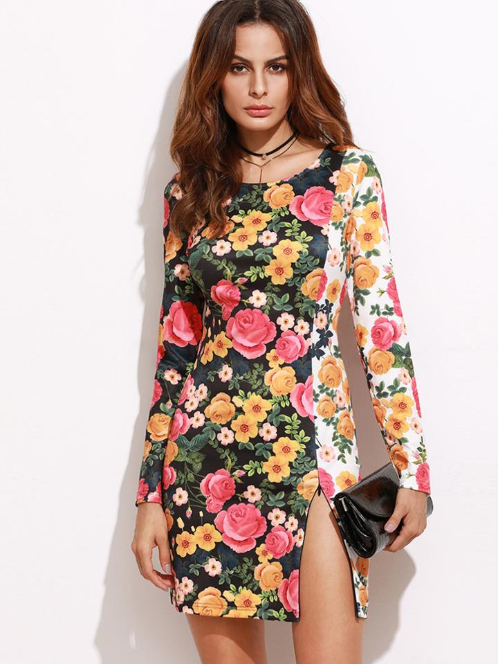 Shein Multicolor Flower Print Zip Slit Bodycon Dress