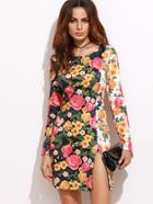 Shein Multicolor Flower Print Zip Slit Bodycon Dress