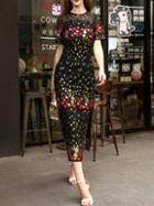 Shein Flowers Embroidered Sequined Sheer Split Dress