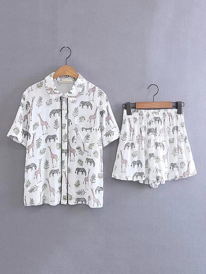 Shein Animal Print Pocket Top With Elastic Waist Shorts