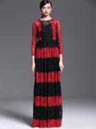 Shein Red Black Round Neck Length Sleeve Lace Dress