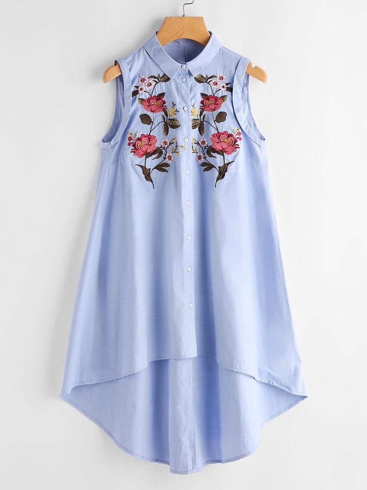 Shein Floral Embroidered Dip Hem Shirt Dress