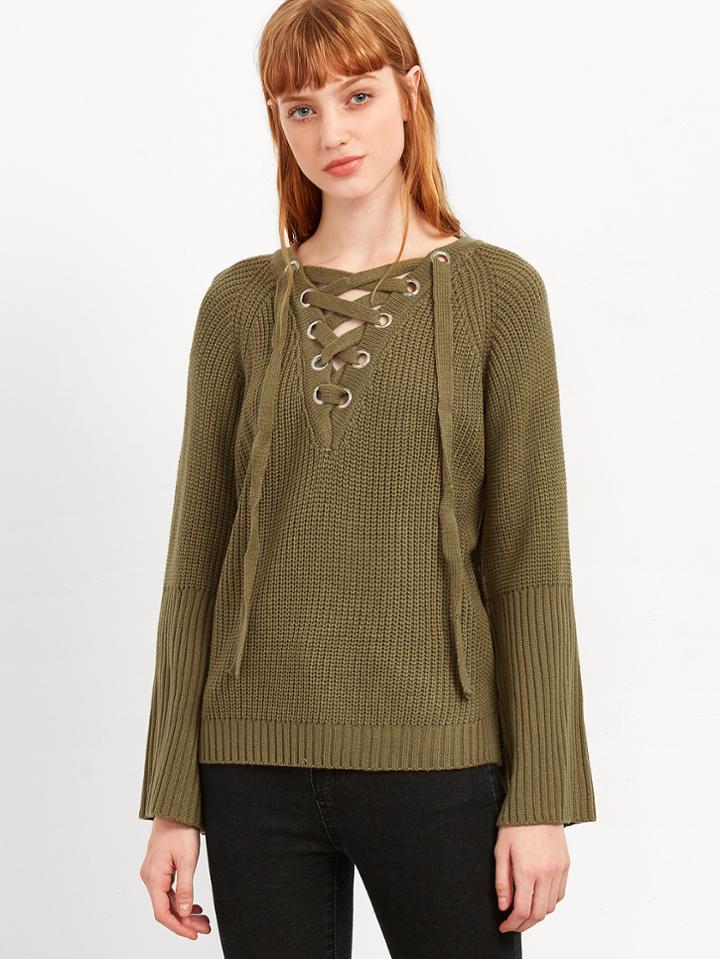 Shein Army Green Eyelet Lace Up High Low Sweater