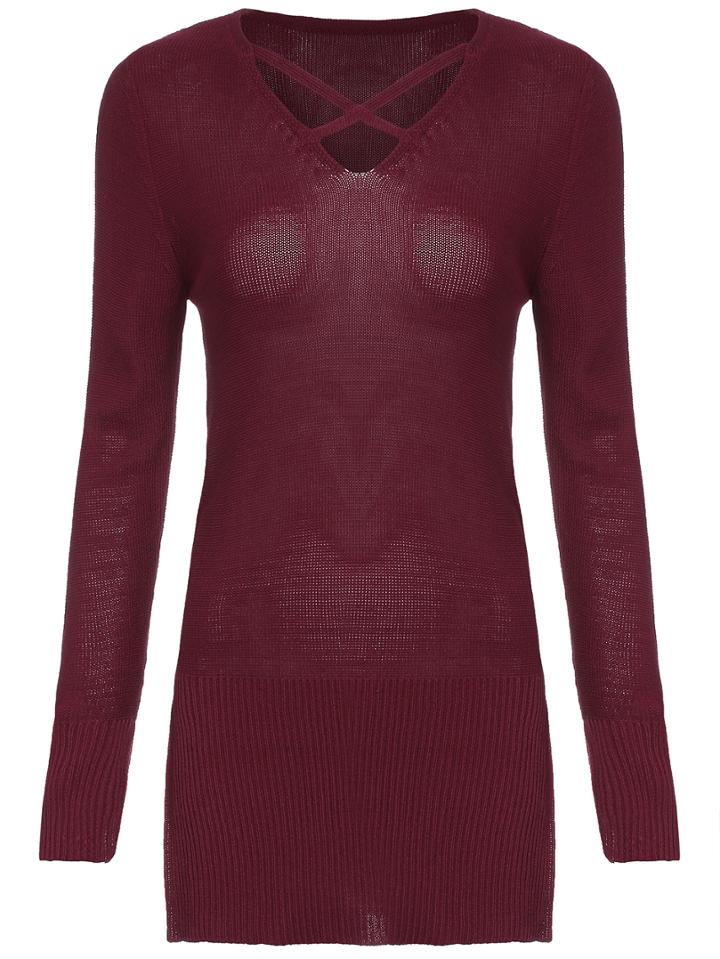 Shein Wine Red Criss Cross Front Knit Dress