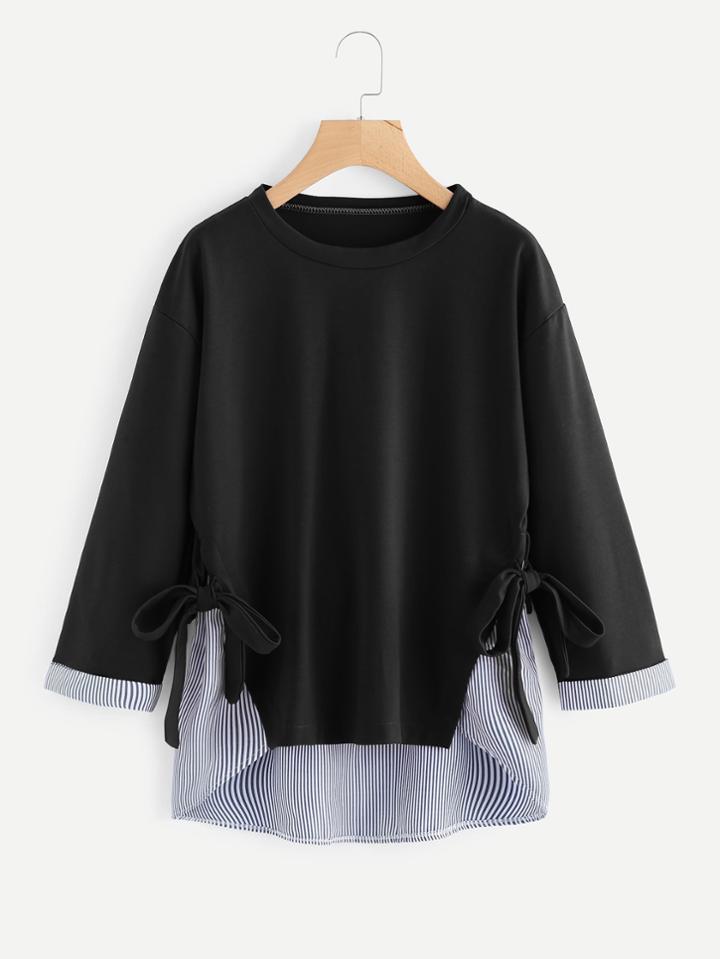 Shein Contrast Stripe Knotted Side Dip Hem Sweatshirt