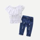 Shein Girls Boat Neck Tiered Top With Jeans