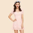 Shein Puff Sleeve Ruched Sweetheart Ditsy Dress