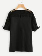 Shein Hollow Out Crochet Panel V Cut Tie Cuff Blouse