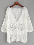 Shein White Hollow Out Crochet Insert Embroidered Blouse