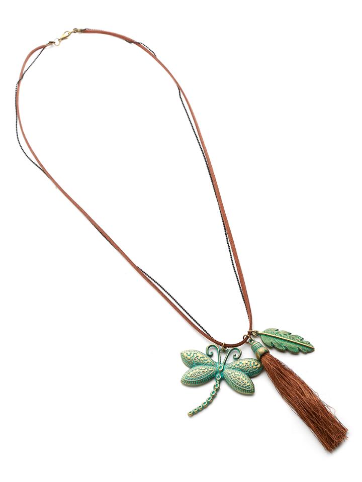 Shein Dragonfly & Tassel & Leaf Pendant Necklace