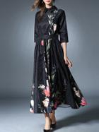 Shein Black Flowers Print Jacquard Maxi Dress