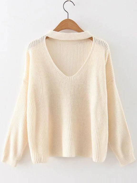 Shein Beige Choker Neck Drop Shoulder Sweater