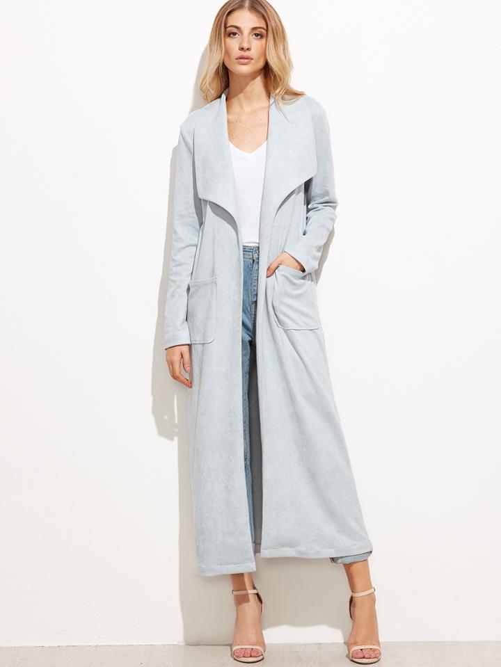 Shein Blue Faux Suede Drape Collar Coat With Pocket
