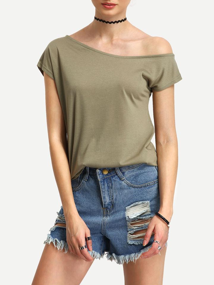 Shein Off-the-shoulder Olive Green T-shirt