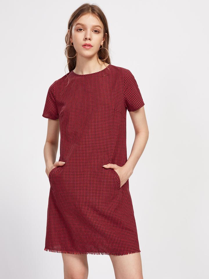 Shein Pocket Front Frayed Hem Checkered Dress