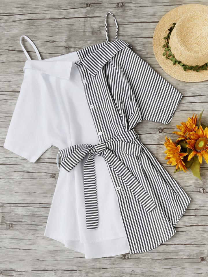Shein Contrast Stripe Self Tie Waist Shirt Dress