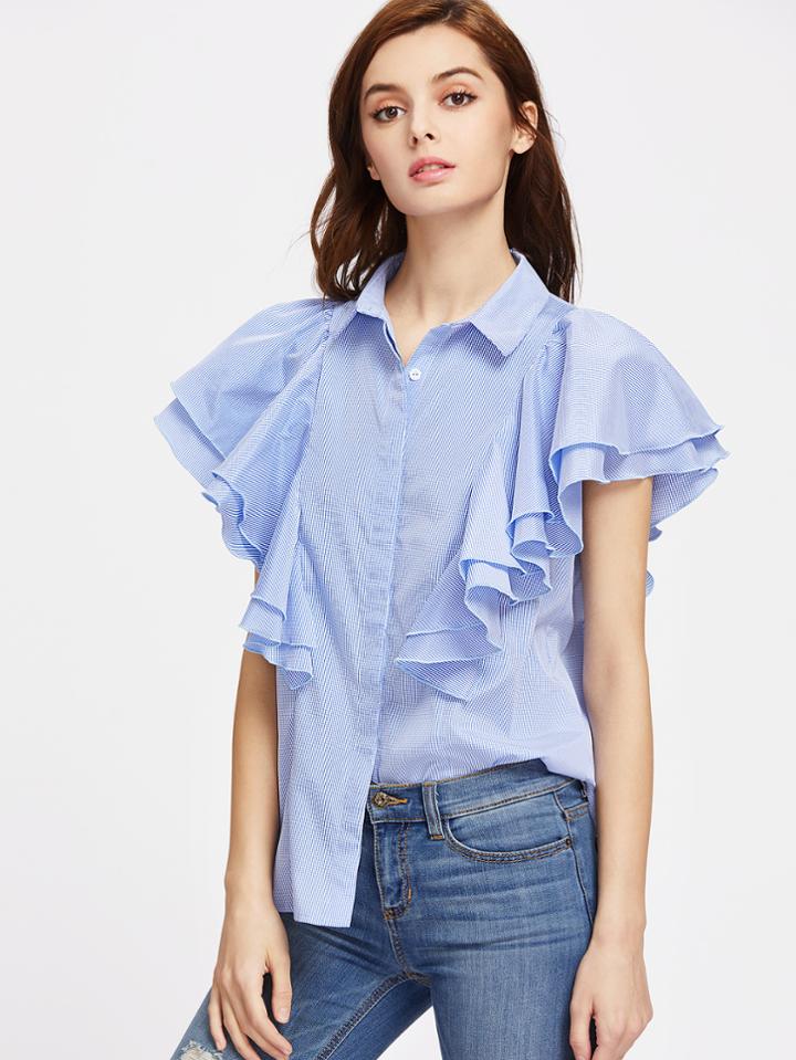Shein Striped Layered Ruffle Hidden Placket Blouse