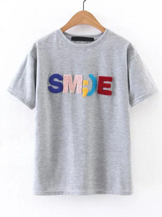 Shein Grey Letter Embellished Short Sleeve T-shirt