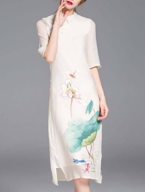Shein Beige Ink Print Split Shift Dress