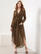 Shein Roll-up Sleeve Slit Side Curved Hem Chiffon Shirt Dress