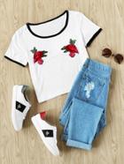 Shein Embroidered Patches Crop Ringer Tee
