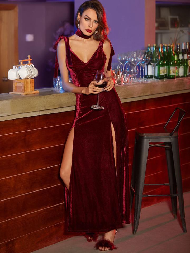 Shein Burgundy Tie Shoulder Double Slit Front Velvet Dress With Neck Tie