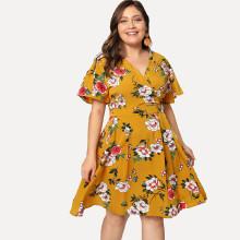 Shein Plus Surplice Neck Flower Print Dress