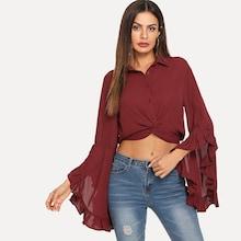 Shein Ruffle Trim Sleeve Twist Front Shirt