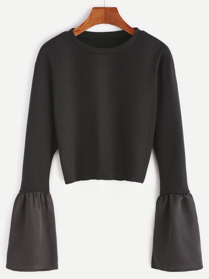 Shein Black Contrast Bell Sleeve Ribbed T-shirt