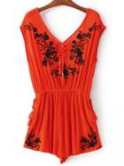 Shein Red V Neck Embroidery Tassel Siamese Trousers