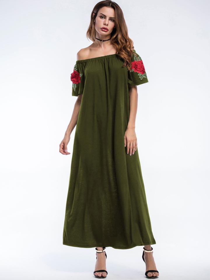 Shein Bardot Embroidered Appliques Longline Dress