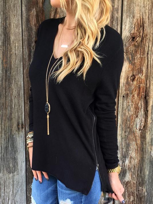 Shein Black Side Zipper Long Sleeve T-shirt