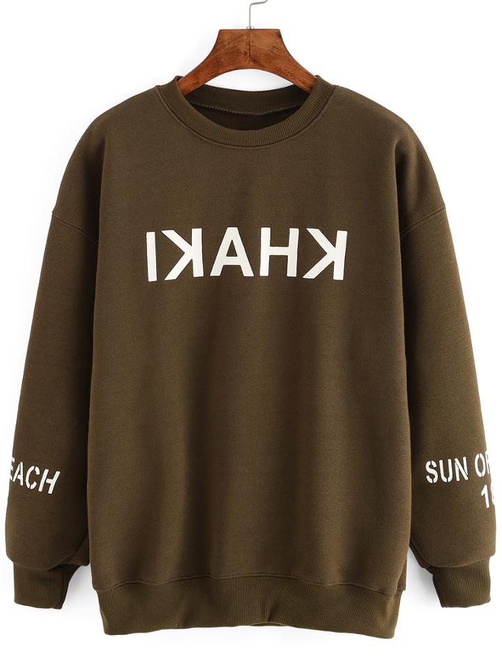 Shein Army Green Dropped Shoulder Seam Letter Print Sweatshirt