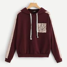 Shein Contrast Sequin Pocket Hoodie Sweatshirt