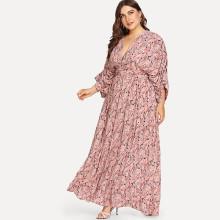 Shein Plus Gathered Sleeve Wide Waistband Ditsy Kimono Dress