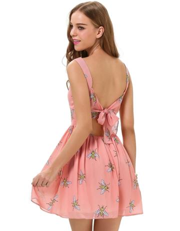 Shein Pink Strap Bee Print Self-tie Back Short Dress