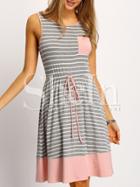 Shein Grey Pink Sleeveless Tie Waist Striped Ruffle Dress