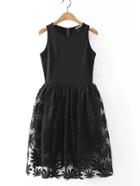 Shein Black Sunflower Embroidery Zipper Skater Dress