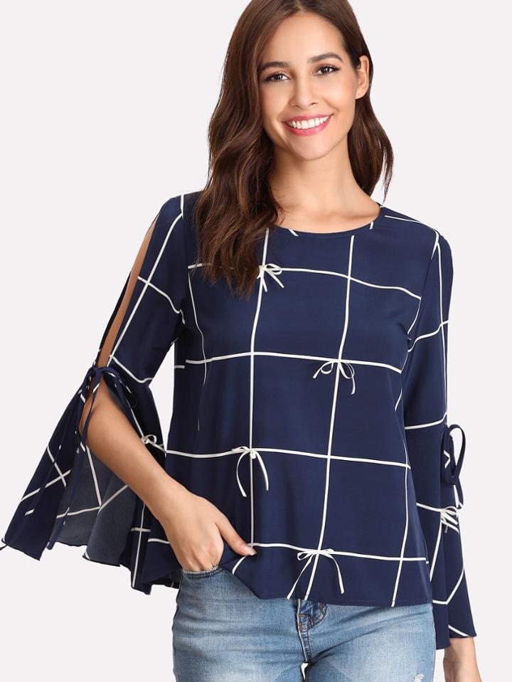 Shein Split Trumpet Sleeve Bow Detail Grid Top