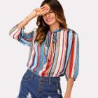 Shein Multi Stripe Tie Neck Blouse