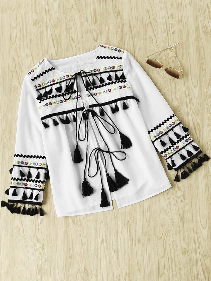 Shein Embroidered Tape And Tassel Trim Tie Front Blouse