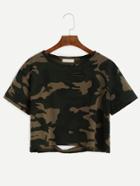 Shein Camo Print Distressed Crop Tee