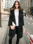 Shein Black Casual Lapel Faux Fur Coat