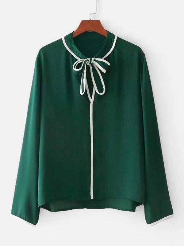 Shein Contrast Trim Tie Neck Blouse